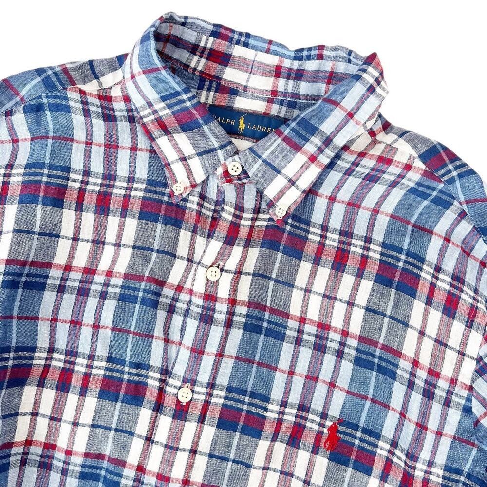 Ralph Lauren Blue Red White Plaid 100% Linen Button Down Sz XL